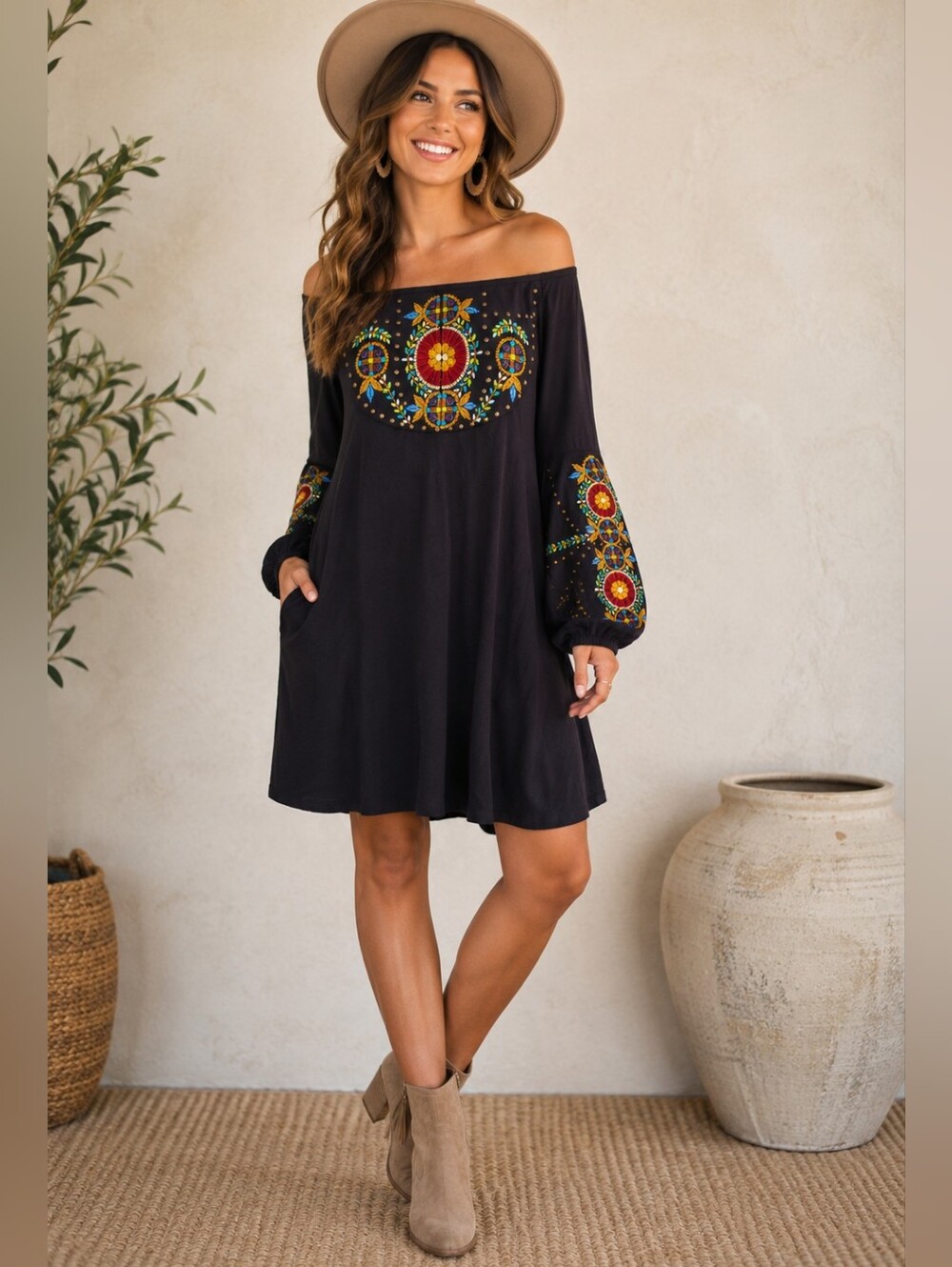 Vintage Collection Off-the-Shoulder Embroidered Boho Dress | Medium